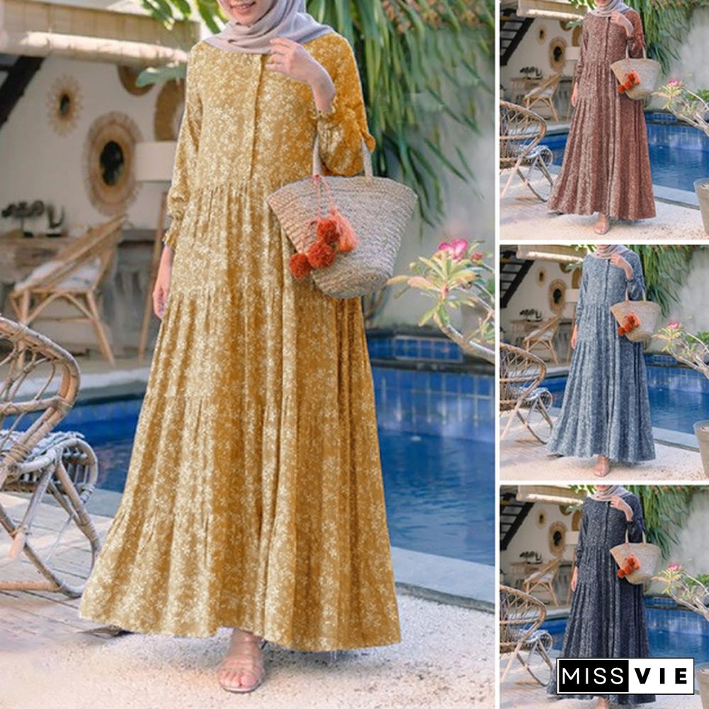 ZANZEA Women Muslim Elegant Baggy Kaftan Flota Robe Printed Abaya Holiday Dubai Islam Long Maxi Shirt Dress