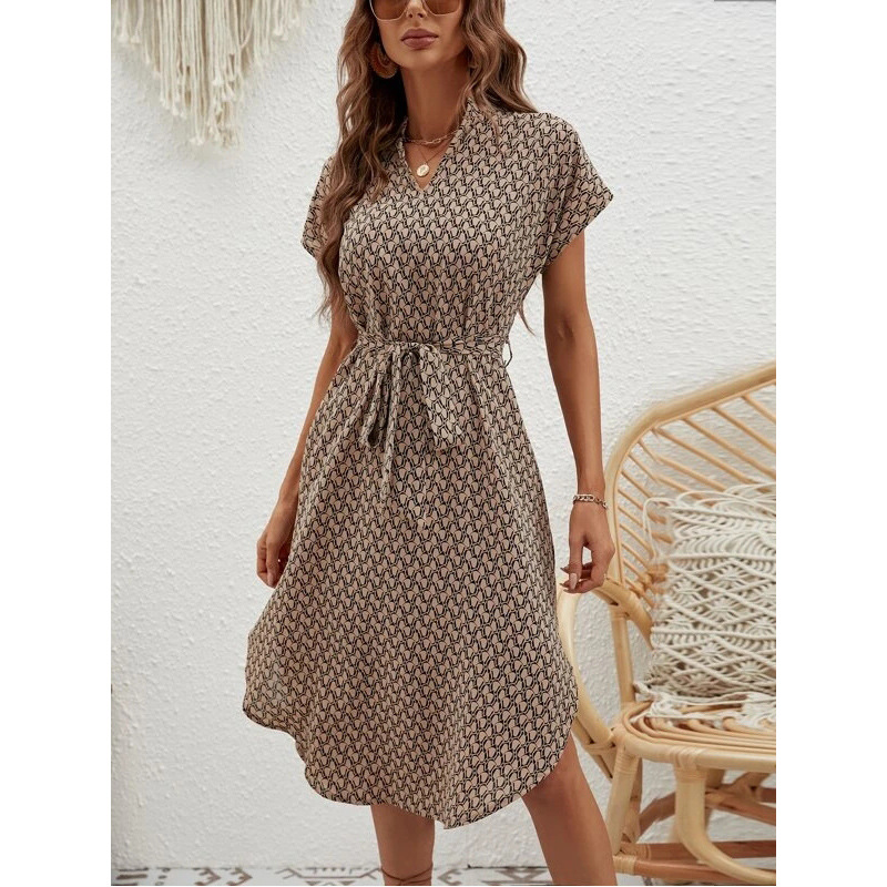 Mature Women Summer Fashion Printed Waist Control Sleeve V-neck Slim Dress