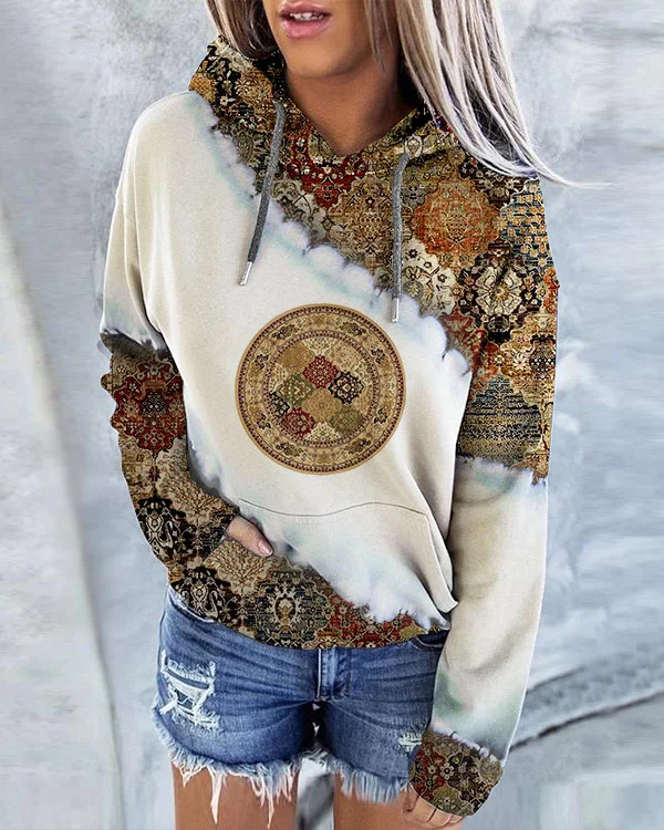 Women's Vintage Check Print Hoodie Long Sleeve Sweatshirt