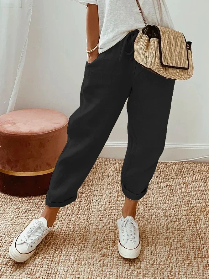 VChics Solid Color Insert Pocket Drawstring Casual Pants
