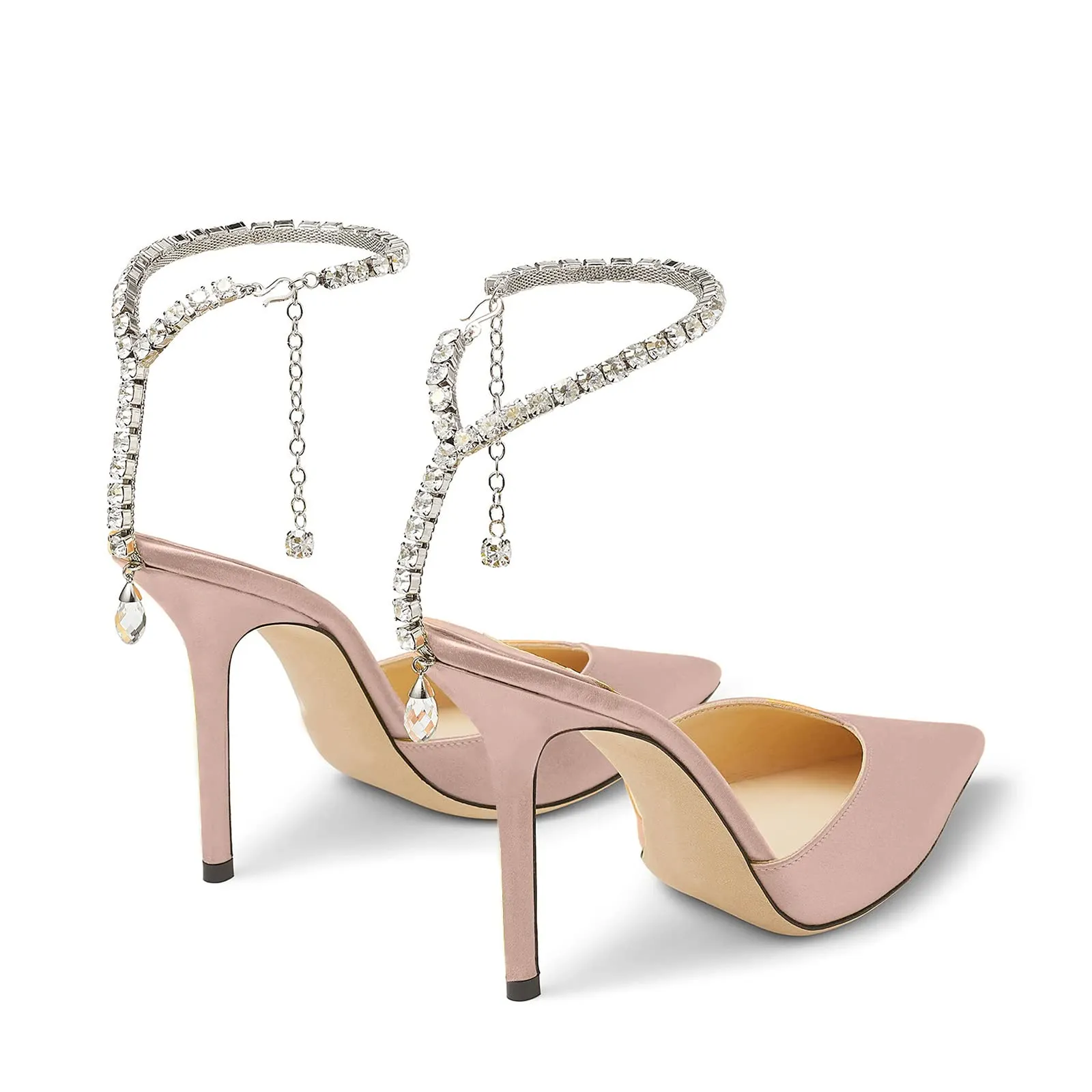 100mm Women's Sandals Crystal Chain Ankle Straps Rhinestones Buckle Heels Stiletto Satin Dress Shoes-vocosishoes