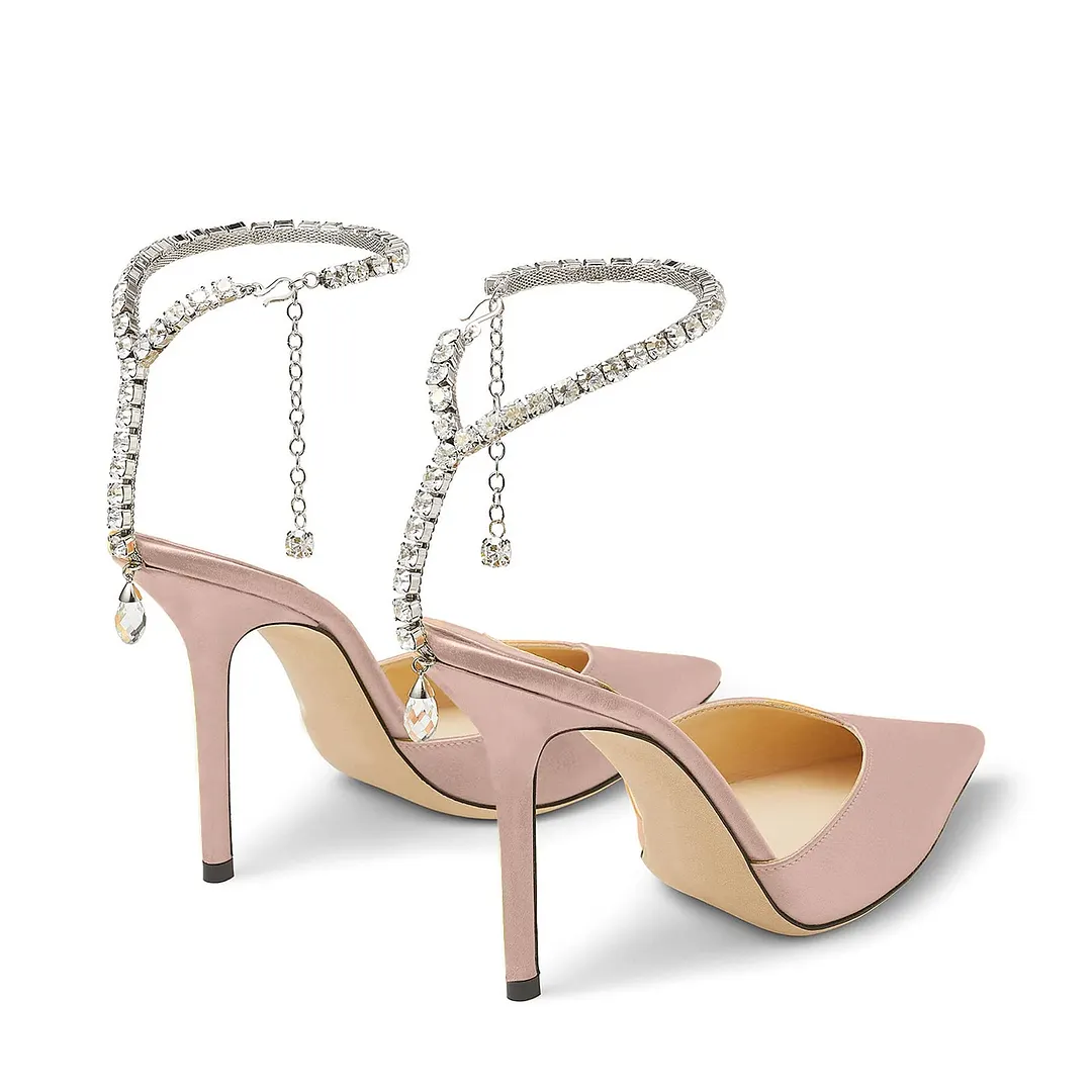 100mm Women's Sandals Crystal Chain Ankle Straps Rhinestones Buckle Heels Stiletto Satin Dress Shoes-vocosishoes