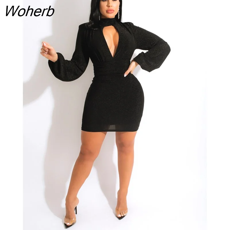 Woherb High Waist Tunic Long Sleeve Cut Out Front Midi Bodycon MIni Dress for Women Sexy Club Party Night Turtleneck Dresses