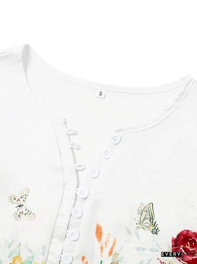 Casual Dress Shift Floral Flower Button Print Neck Midi Modern Outdoor Daily Half Sleeve