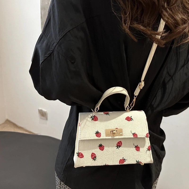 Women's Corduroy Strawberry Leopard Streetwear Square Flip Cover Handbag Crossbody Bag