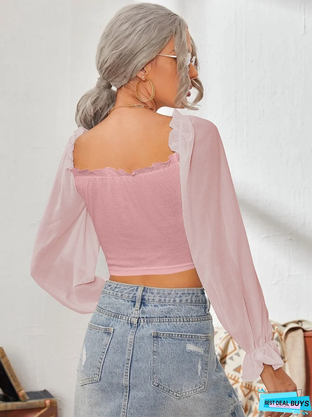 Mesh Sweetheart Neck Flounce Sleeve Top