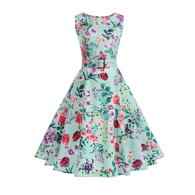Vestidos Vintage Dress Summer Floral Print Sleeveless Party Dresses 50s 60s Elegant Rockabilly Sexy Pin Up Dress with Belt
