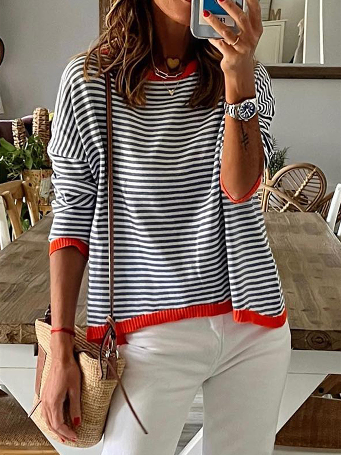Women Long Sleeve Scoop Neck Graphic Striped Knitted Sweaters Tops