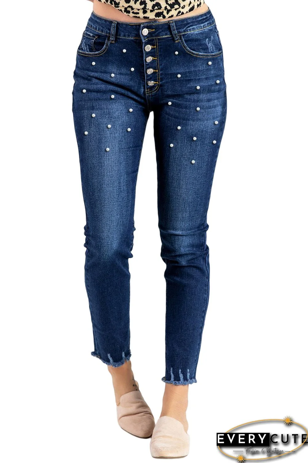 Blue Pearl Beaded Button Fly Distressed Skinny Jeans