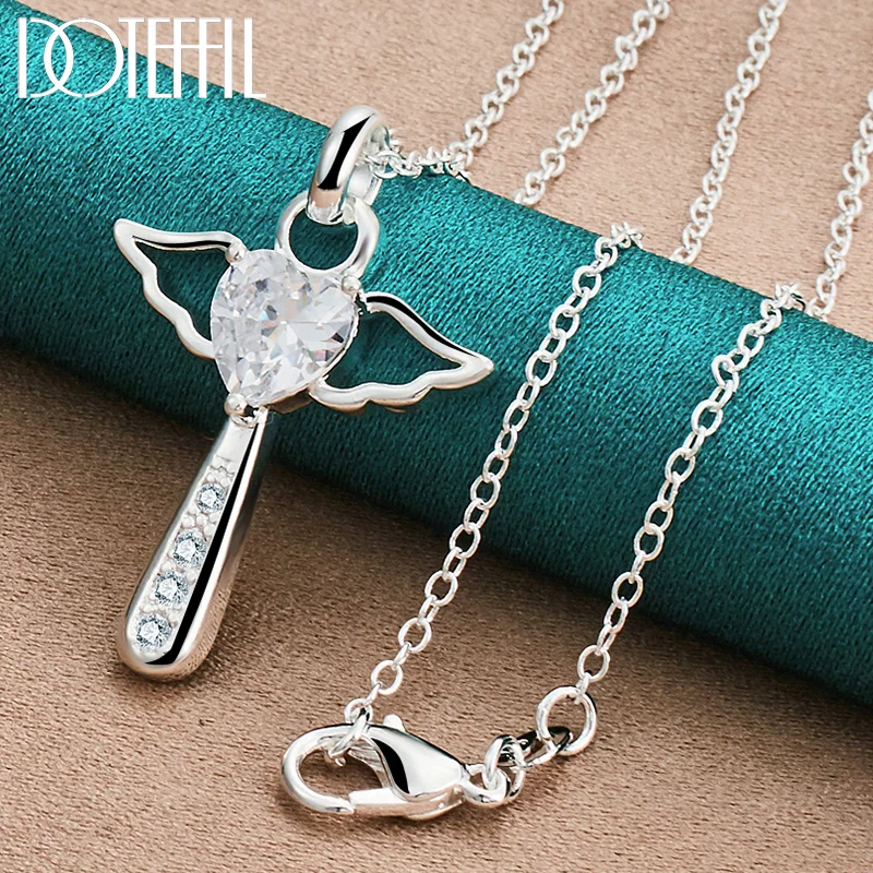 DOTEFFIL 925 Sterling Silver Cross Heart White AAA Zircon Necklace 18-30 Inch Chain For Woman Jewelry
