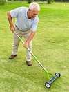 Thatch Rake with Wheels Steel Metal Dethatcher Rake with Adjustable Handle for Cleaning Dead Grass Loosening Soil Lawn Care