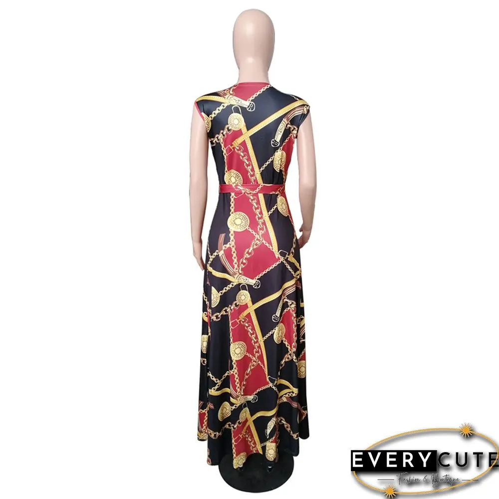 Wine BV Neck Bohemia Print Sleeveless Maxi Dress