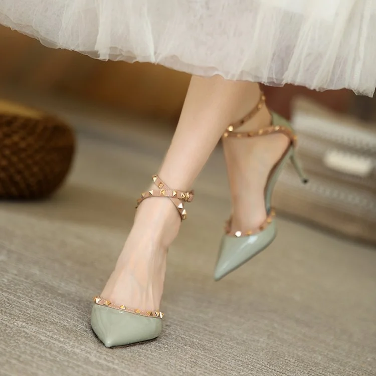 Yyvonne Sandals Women's Korean Version Of The New Baotou Fine Heel Head Fairy Rivet Studs Hollow Buckle Sandals