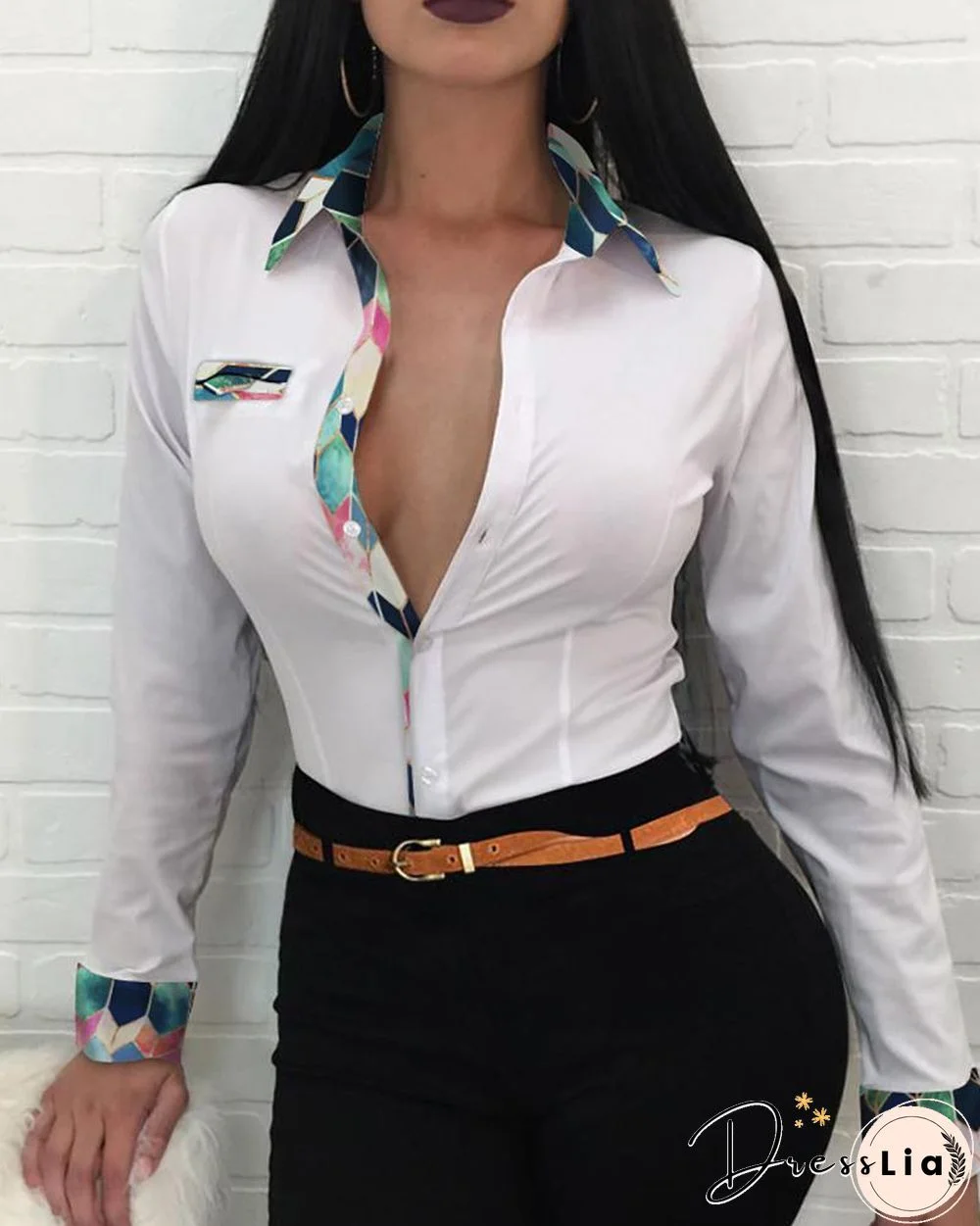 Colorblock Buttoned Up Long Sleeve Shirt P10930