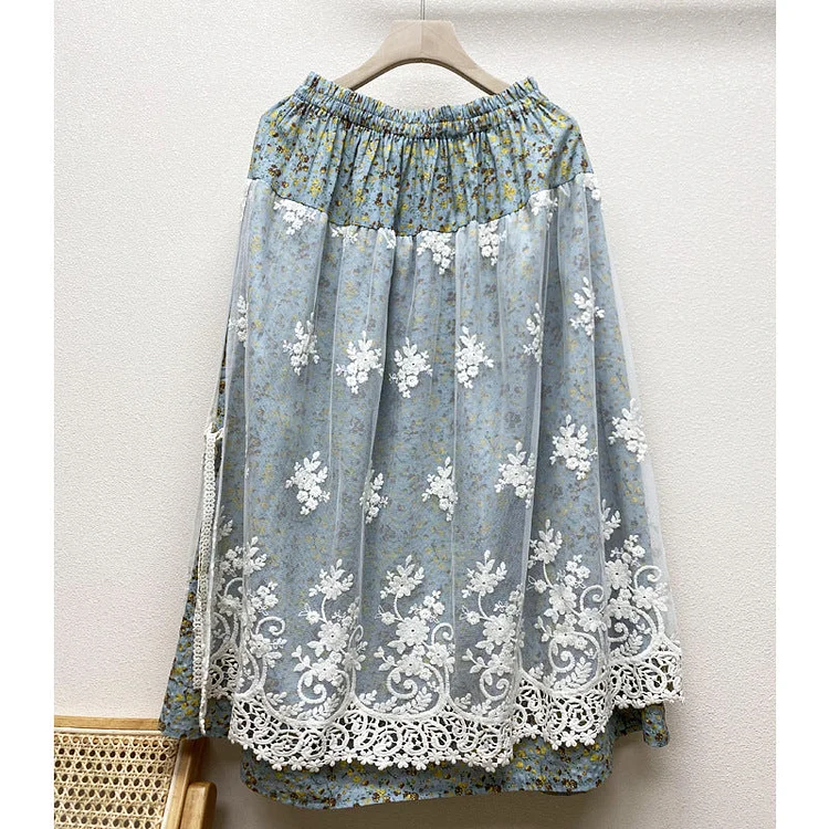 Cozy Linen Retro Floral Embroidery Lace Mesh Skirt