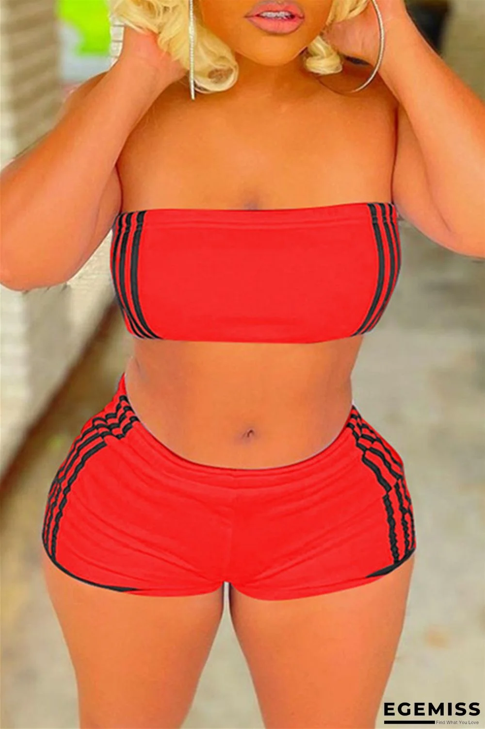 Red Sexy Casual Striped Print Backless Strapless Sleeveless Two Pieces | EGEMISS