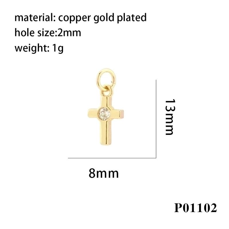 Minimalist Cross Copper Enamel Plating Inlay Zircon 18k Gold Plated Charms