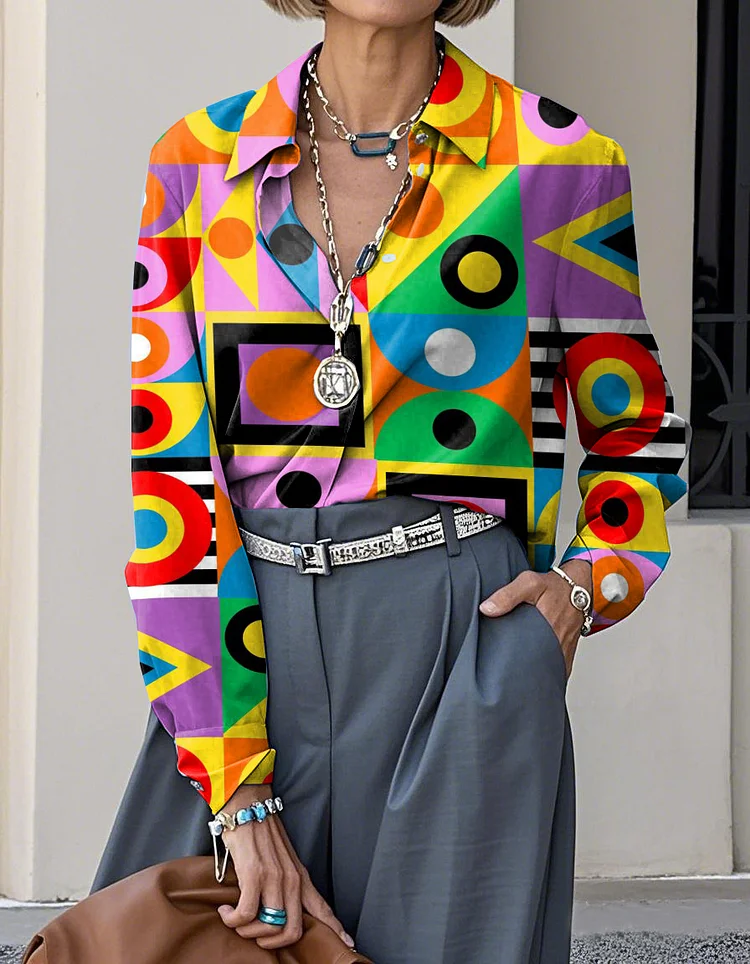 Elegant Abstract Art Print Lapel Casual Long Sleeve Shirt