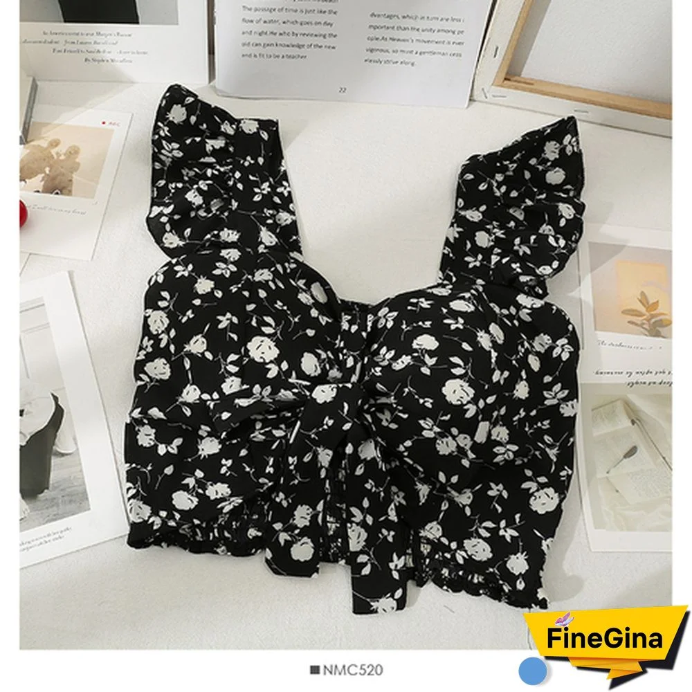 Casual Bow Lace Up Floral Print Camisole Short Tops Female Summer Tops Women Sleeveless V Neck Pleated Ruffled Camisole