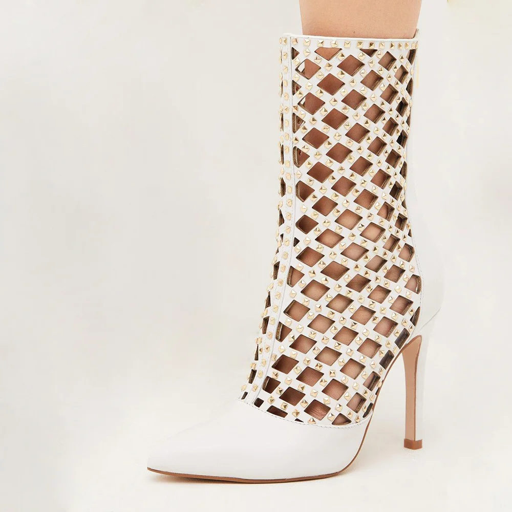 White Pointed Boots Cutout Ankle Boots