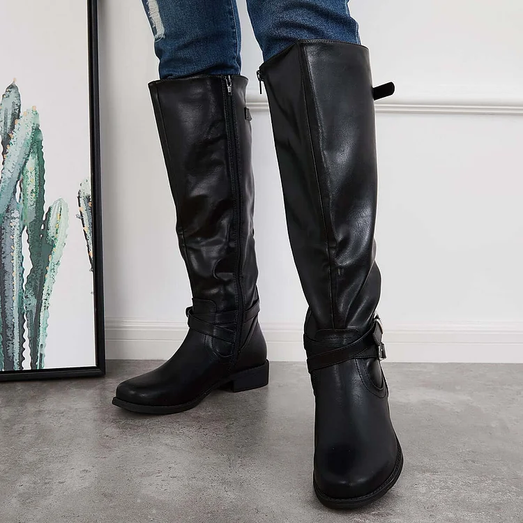 Round Toe Western Knee High Riding Boots Wide Calf Boots