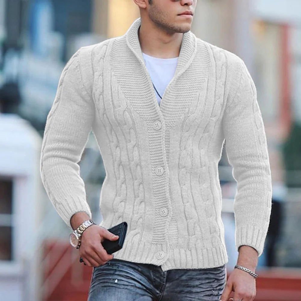 Men's Plus Size Lapel Top Solid Color V-neck Button Slim Knit Sweater Jacket