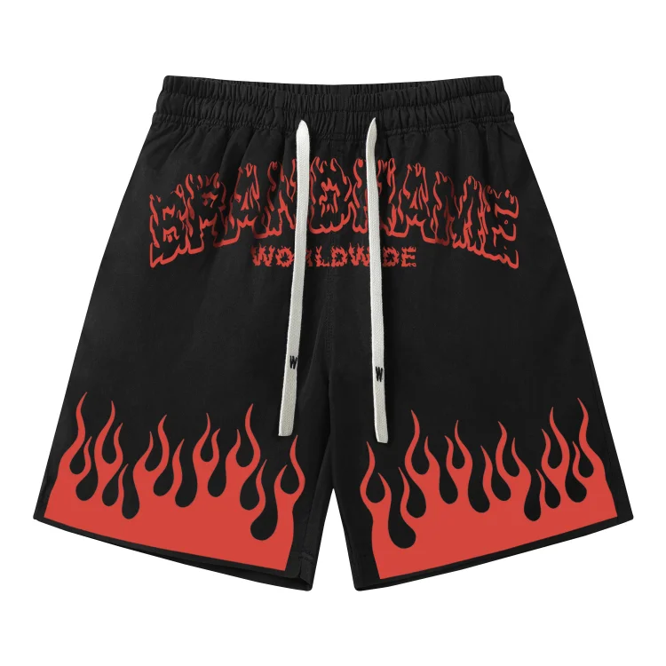 Hip Hop Flame Letter Print Shorts Loose Beach Shorts at Hiphopee