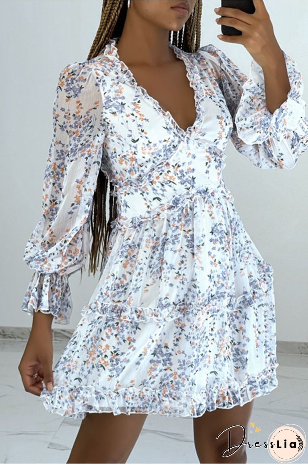 Ditsy Floral Prints Ruffle Edge Tiered Long Sleeve Boho Dress