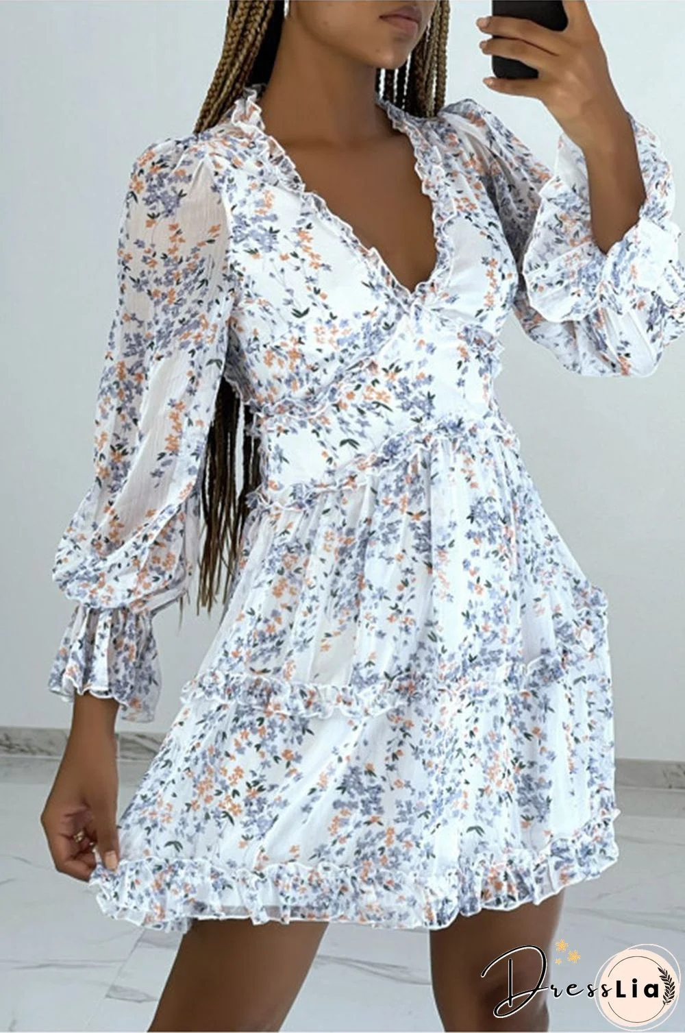 Ditsy Floral Prints Ruffle Edge Tiered Long Sleeve Boho Dress