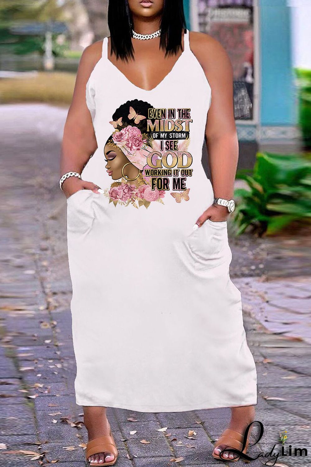 White Orange Sexy Casual Plus Size Print Backless V Neck Sling Dress