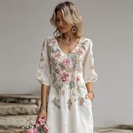 Bohemian Style Plant Flower And Butterfly Pattern Embroidery Women's Cotton And Linen Dress - Image 2