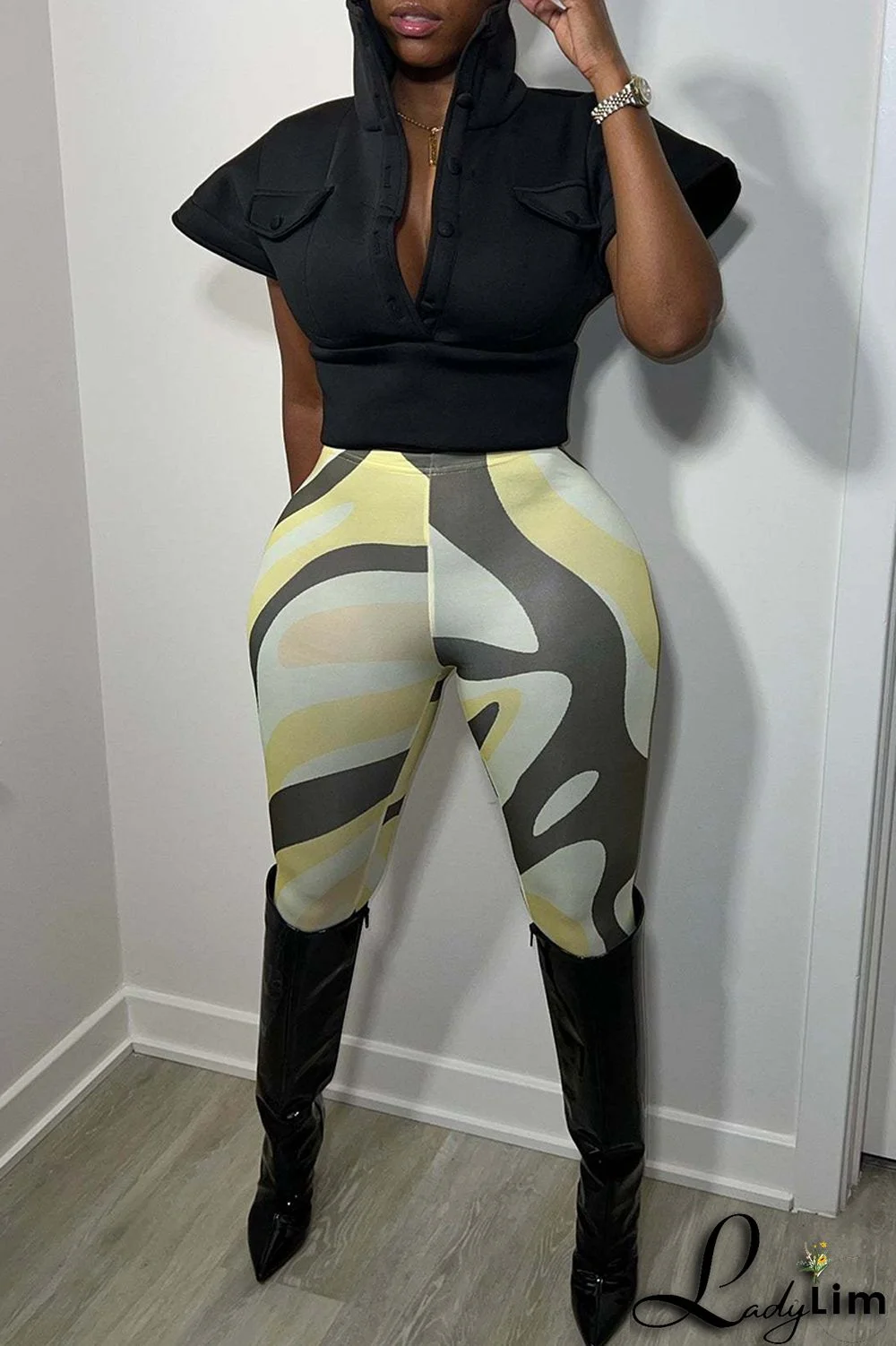 Black Fashion Casual Solid Split Joint Turndown Collar T-Shirts