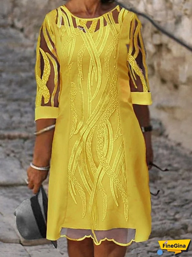 Plus Size Curve Casual Dress Shift Dress Solid Color Round Neck Lace 3/4 Length Sleeve Fall Spring Dress Work Casual Daily Midi Dress for Women