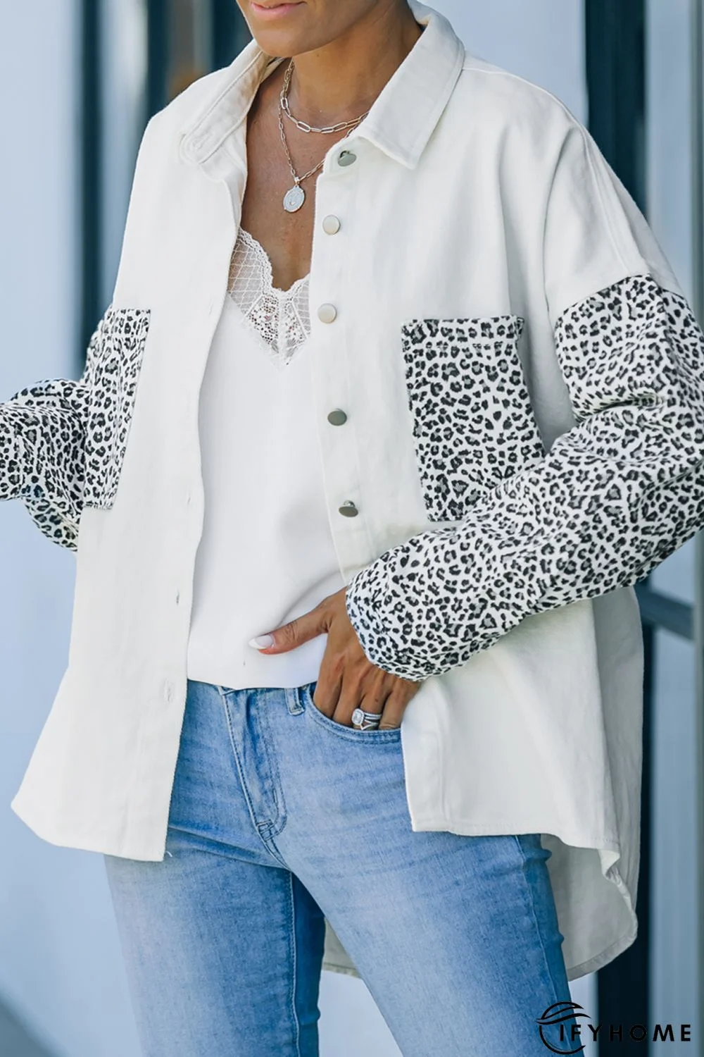 White Contrast Leopard Denim Jacket | IFYHOME