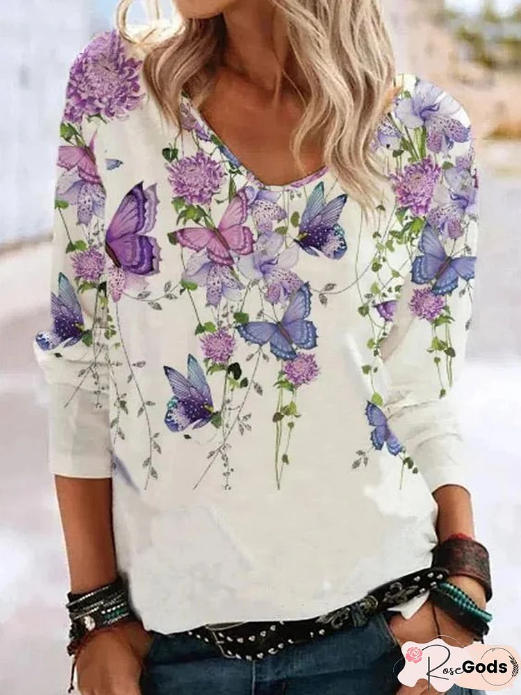 Butterfly Floral Crew Neck T-Shirt