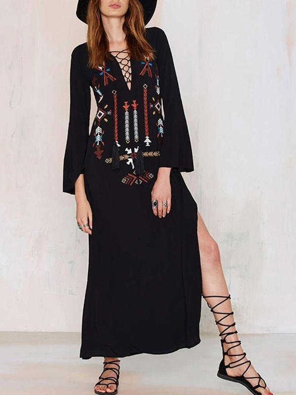 Beautiful Black Bohemia Embroidery Long Sleeve Side Split Maxi Beach Dress