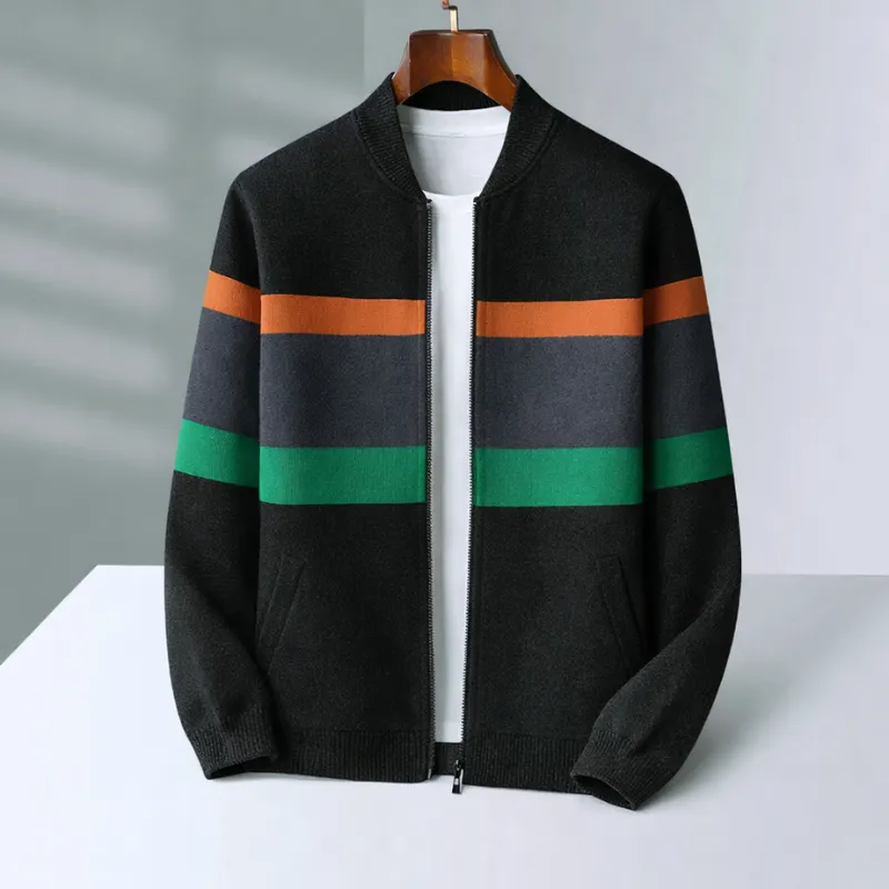Men's Cashmere Bomber Jacket &ndash; Striped Full-Zip Knitted Layer &ndash; Black Green