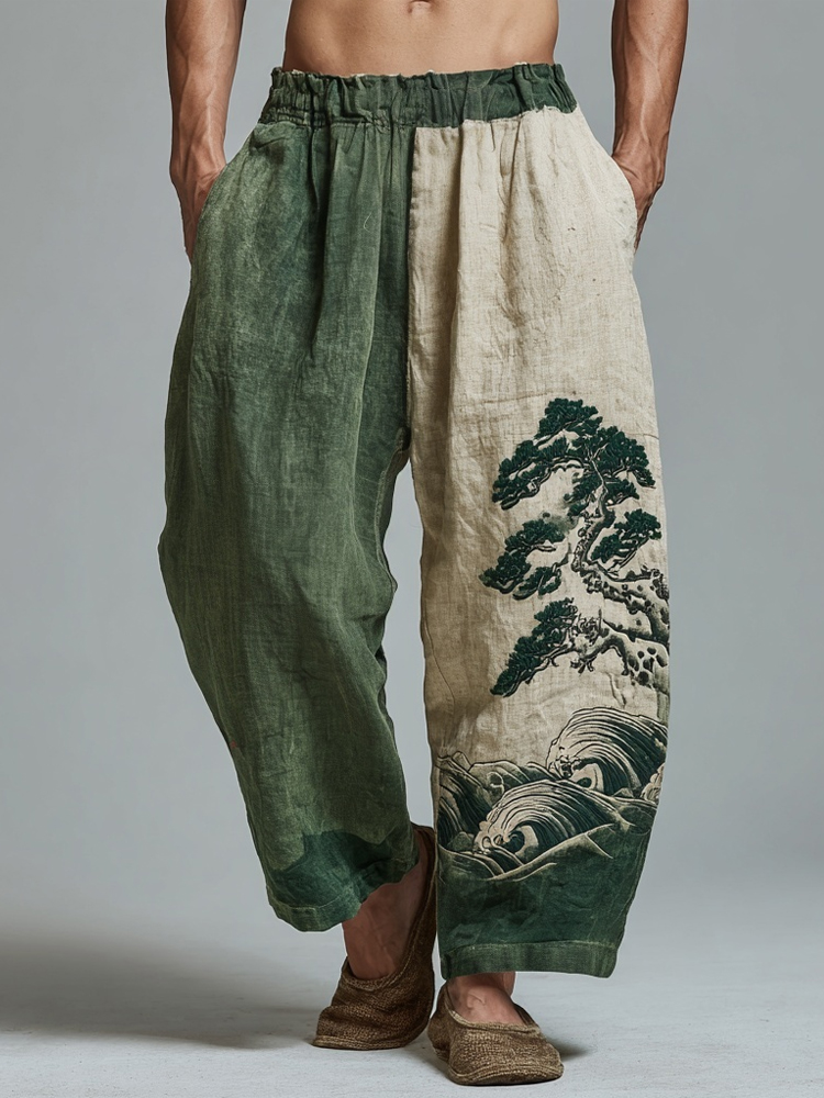 Men's Japanese Waves & Pine Embroidered Contrast Color Linen Pants  artssus