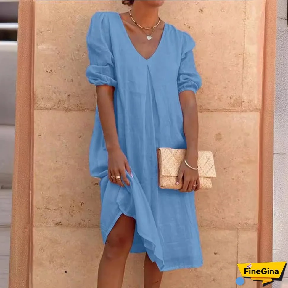 XIEYINSHE Europe and America Cross Border Wish Cotton Linen Solid Color Fashion Medium Long Sleeve Long Casual Mid-Length Dress