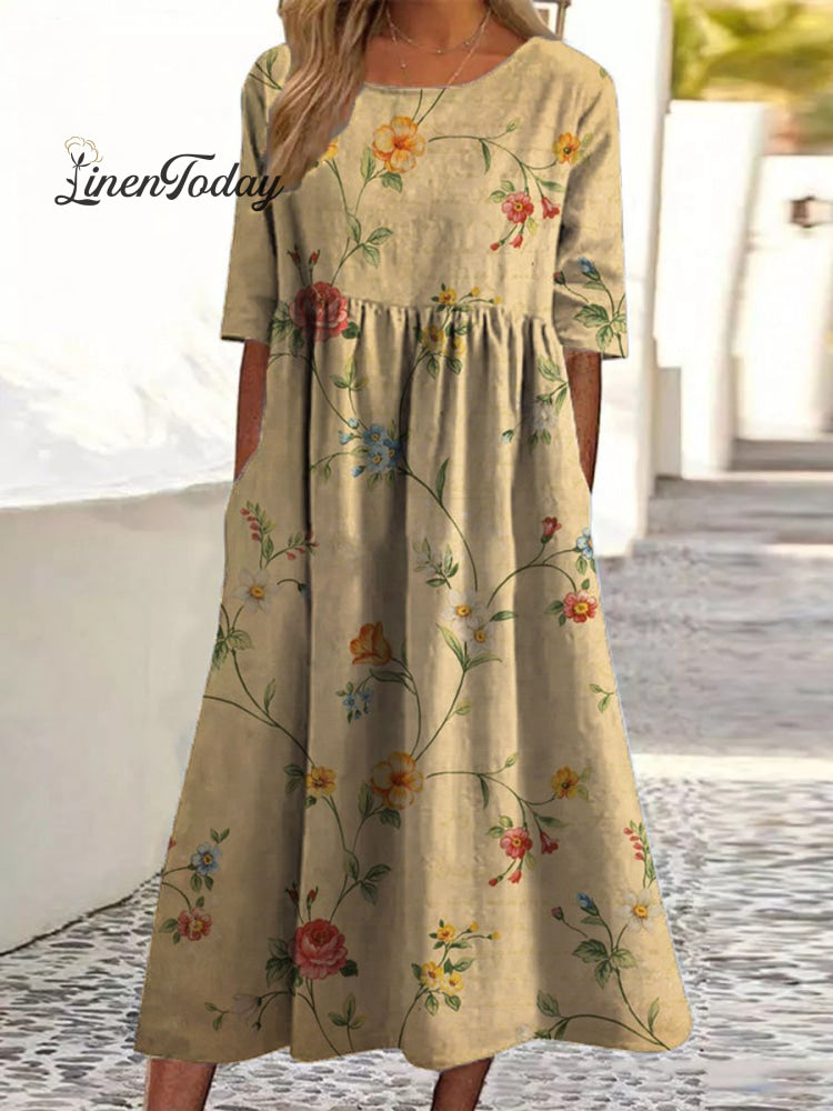 Women’s Vintage Floral Art Print Pocket Cotton Dress Multicolor / S