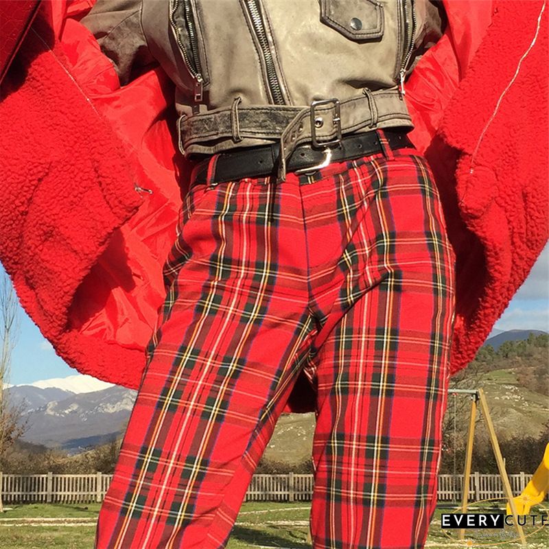 Plaid Drawstring High Waist Fold Sweatpants P13918