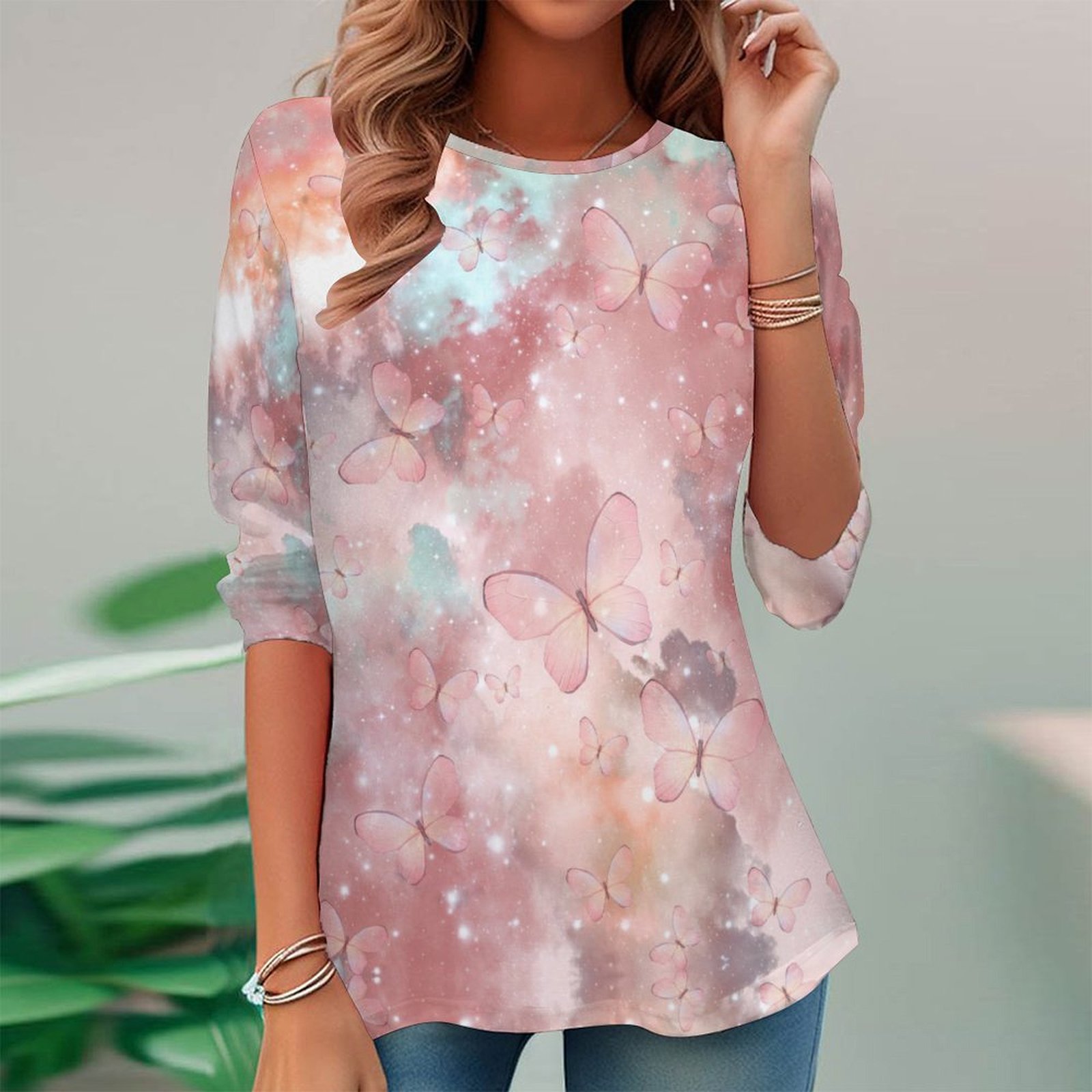 Women Long Sleeve V-neck Graphic Floral Printed Top