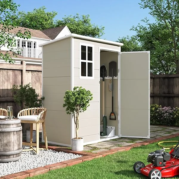 Outdoor Storage Shed 5x3 FT, Plastic Garden Shed for Bike, Garbage Can, Tool, Outside Sheds & Outdoor Resin Shed with Lockable Door for Backyard, Patio, Lawn, Grey & White 5' x 3' Grey & White