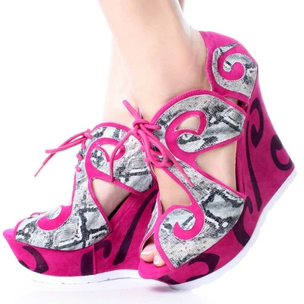 Fuchsia Wedge Lace-up Peep Toe Platform Sandals Vdcoo