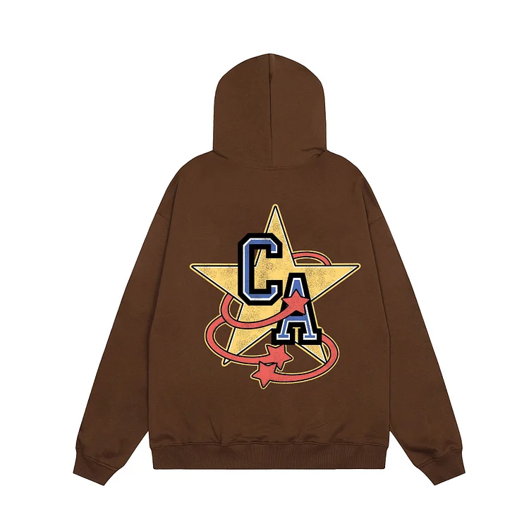 Star Letter Printed Cotton Hooded Sweatshirt Street Retro Loose Pullover Hoodie at Hiphopee