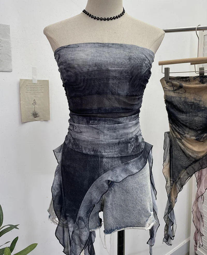 Uveng Real Shooting 2024 Summer New Dyed Printing Mesh Yarn Chest Sleeveless Top Irregular Ribbon Vest 9956