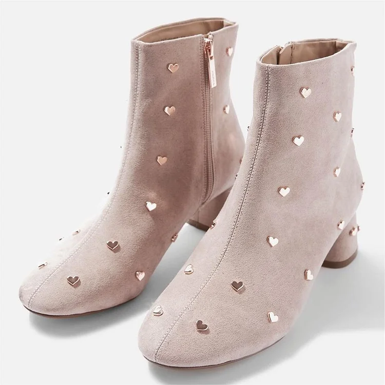 FSJ Light Pink Vegan Suede Heart Studs Chunky Heel Ankle Boots |FSJ Shoes