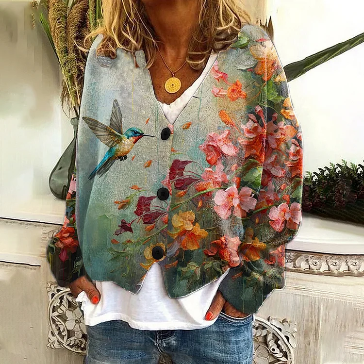 VChics Hummingbird Floral Print V-Neck Long Sleeve Knitted Cardigan