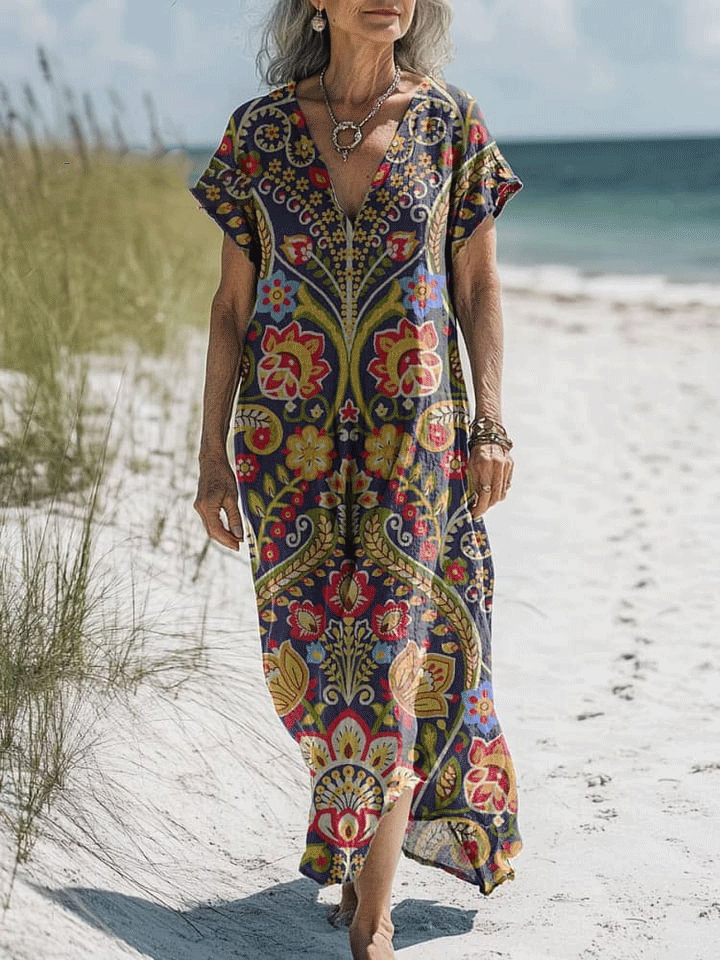 Women's Vintage Flower Art Print Pocket Cotton Dress