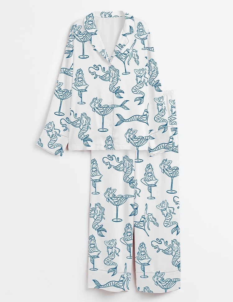 Women&rsquo;s Hand Drawn Mairmaid In Martini Girl In Martini Glass For Bachelorette Whimsical Style Print Long Sleeve Satin Pajama Set